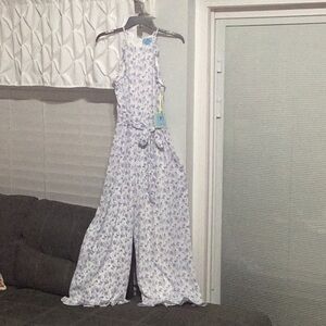 CeCe White Blue Floral Jumpsuit